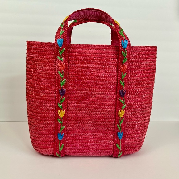 Kim Rogers | Bags | Kim Rogers Woven Straw Floral Embroidered Pink Tote ...